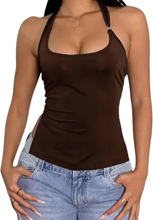 Milumia Women's Scoop Neck Low Cut Ruched Backless Halter Top Y2K Side Slit Fitted Sleeveless Tank Tops