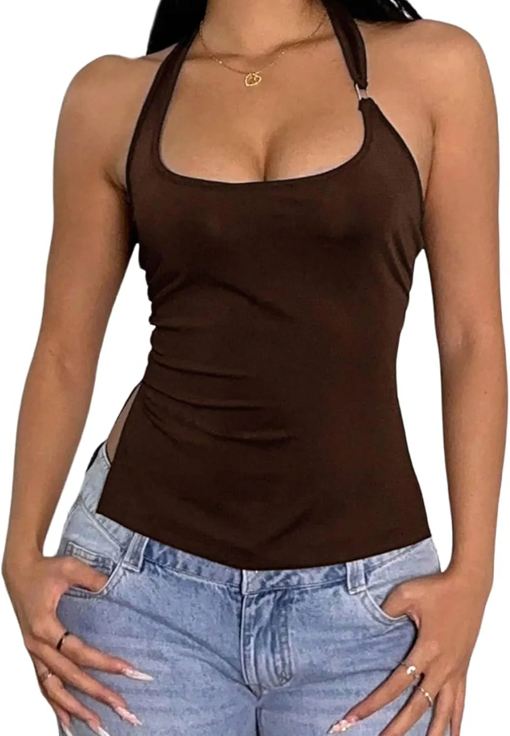 Milumia Women's Scoop Neck Low Cut Ruched Backless Halter Top Y2K Side Slit Fitted Sleeveless Tank Tops