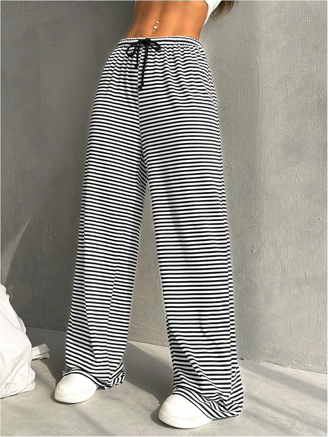 Milumia Women's Striped Print Drawstring Waist Pants Wide Leg Loose Fit Pants