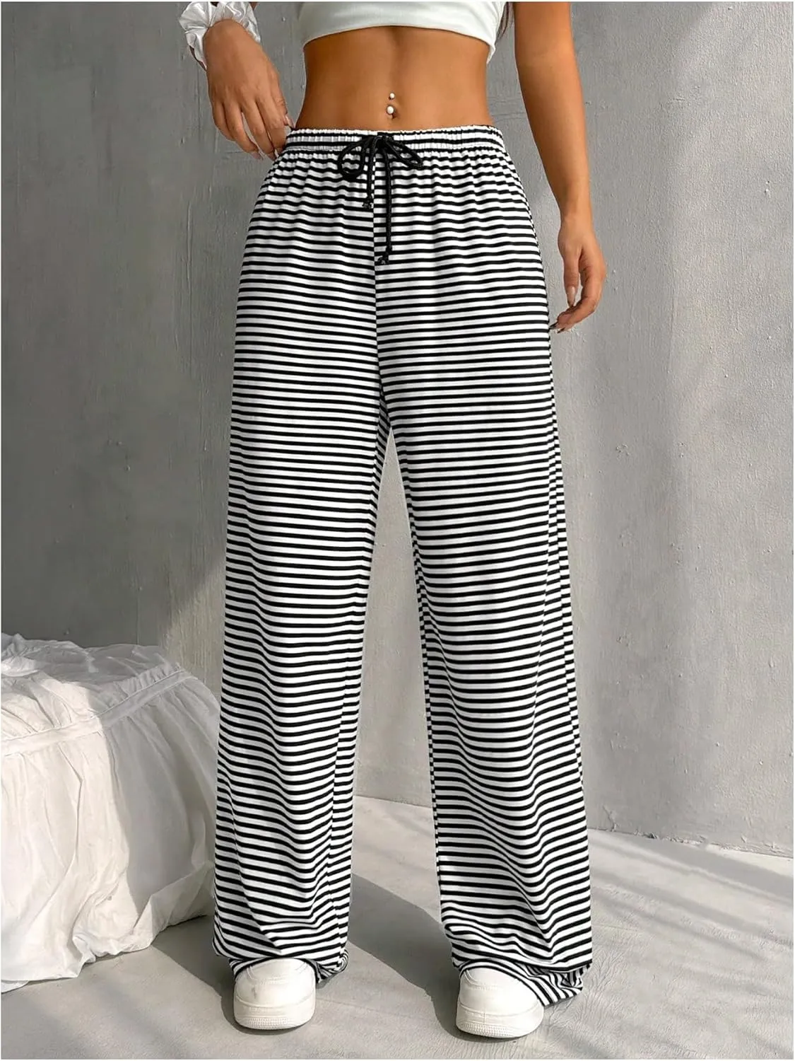 Milumia Women's Striped Print Drawstring Waist Pants Wide Leg Loose Fit Pants