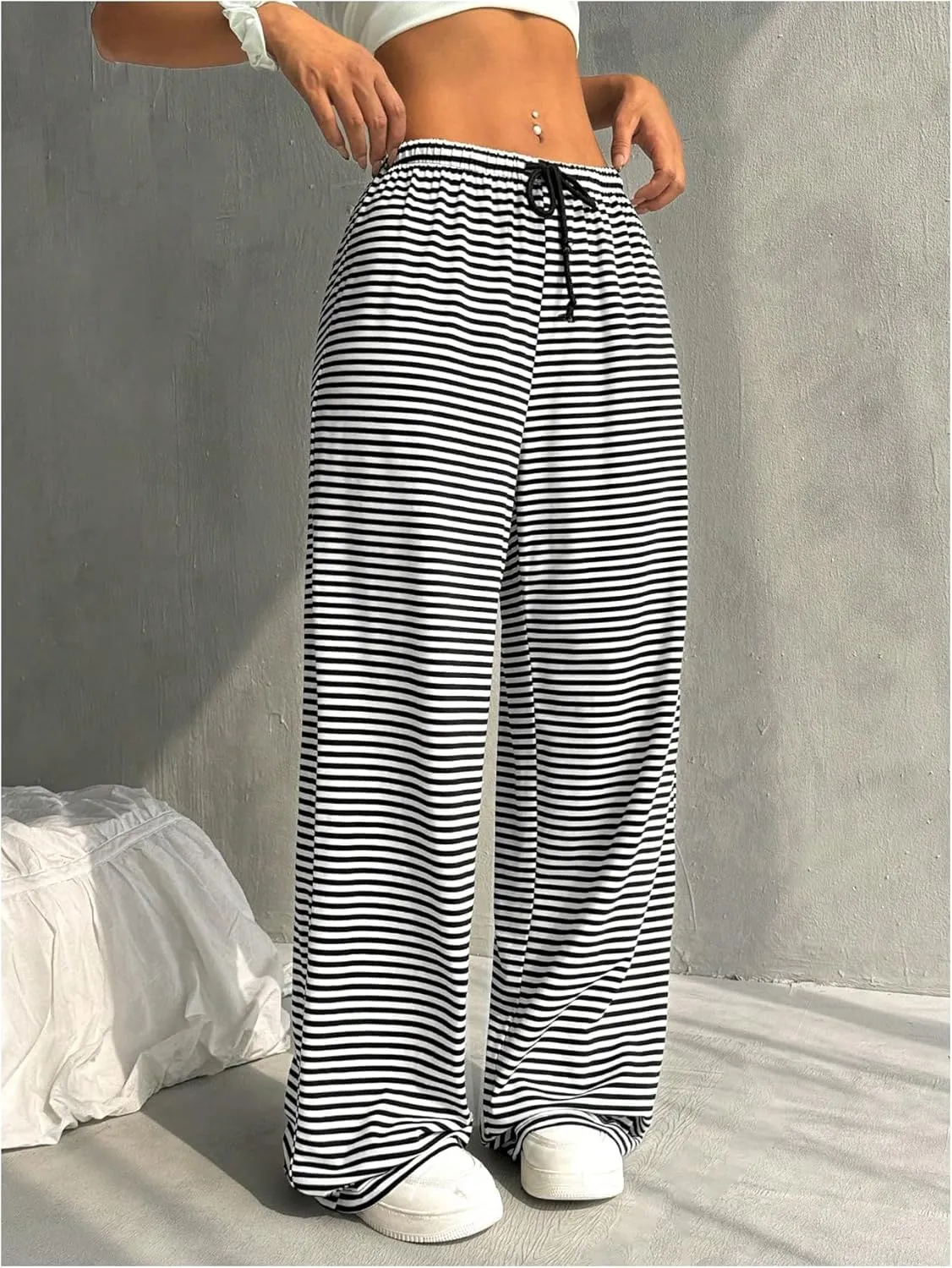 Milumia Women's Striped Print Drawstring Waist Pants Wide Leg Loose Fit Pants