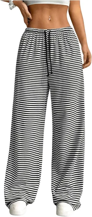 Milumia Women's Striped Print Drawstring Waist Pants Wide Leg Loose Fit Pants