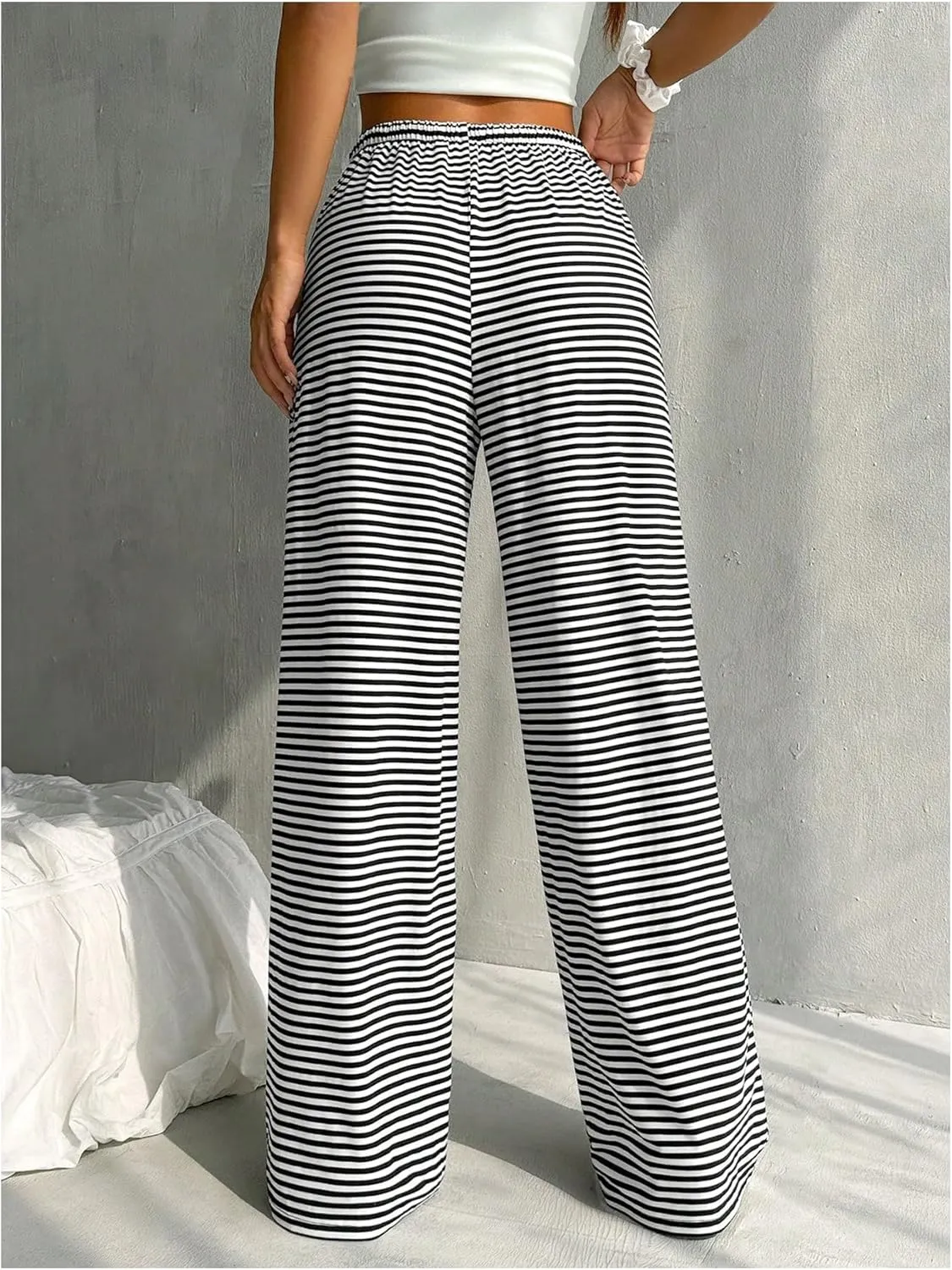 Milumia Women's Striped Print Drawstring Waist Pants Wide Leg Loose Fit Pants