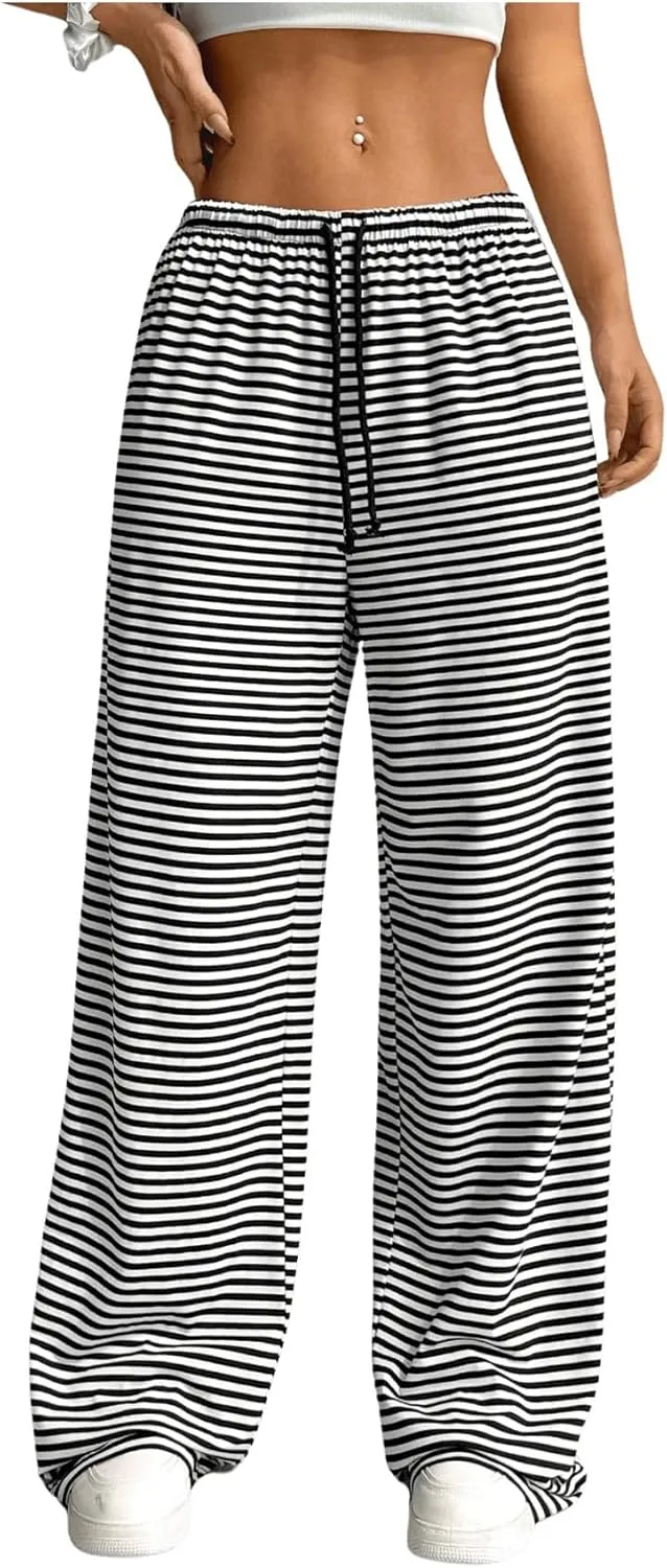Milumia Women's Striped Print Drawstring Waist Pants Wide Leg Loose Fit Pants