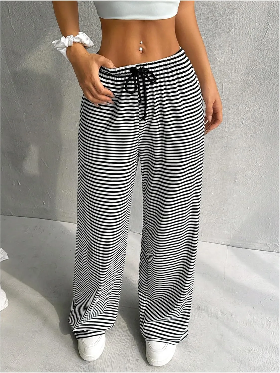 Milumia Women's Striped Print Drawstring Waist Pants Wide Leg Loose Fit Pants