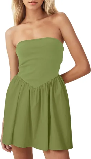 MISSACTIVER Women Strapless Tube Top Mini Dress Off Shoulder Sleeveless Drop-Waist A Line Short Dress Summer Patchwork Dress