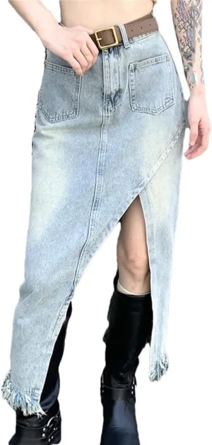 Mokkpeq Women's Asymmetry Slit Pencil Skirt with Pocket High Waisted Fringed Washed Denim Jeans Skirts