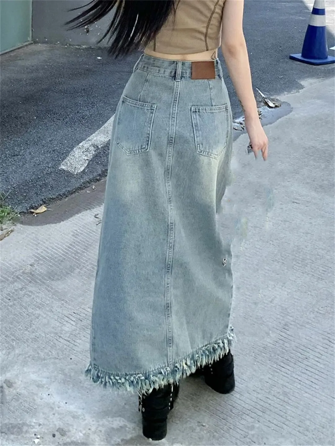 Mokkpeq Women's Asymmetry Slit Pencil Skirt with Pocket High Waisted Fringed Washed Denim Jeans Skirts