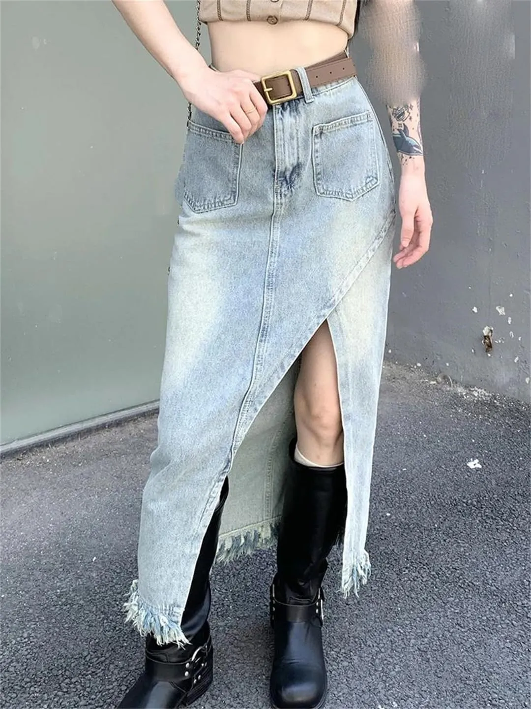 Mokkpeq Women's Asymmetry Slit Pencil Skirt with Pocket High Waisted Fringed Washed Denim Jeans Skirts