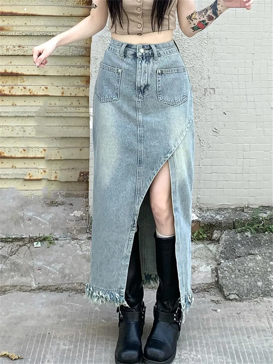 Mokkpeq Women's Asymmetry Slit Pencil Skirt with Pocket High Waisted Fringed Washed Denim Jeans Skirts