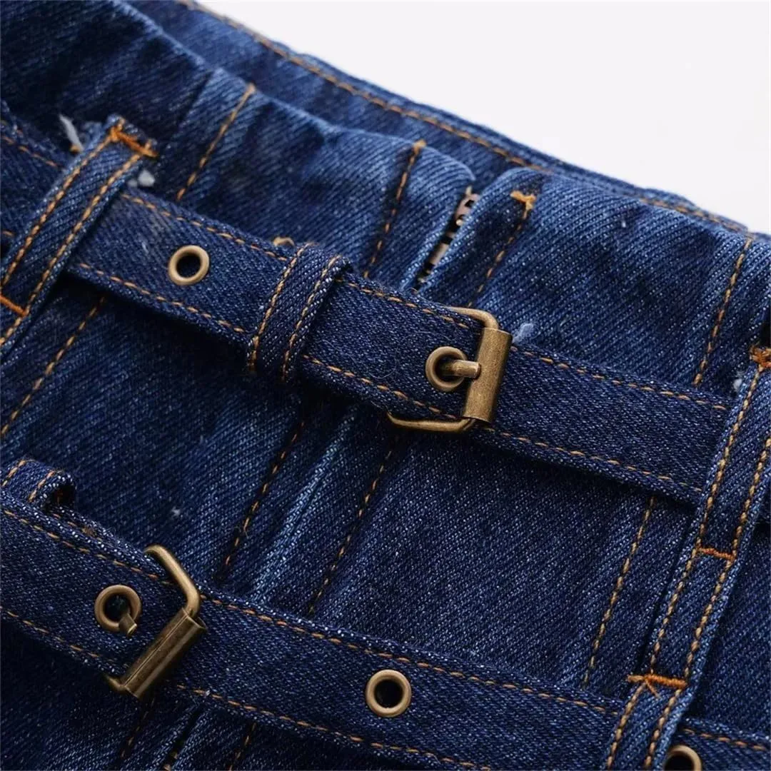 Mokkpeq Women's High Waisted Double Belt Back Zipper Denim Skirts Ankle-Length Navy Blue Jeans Skirts