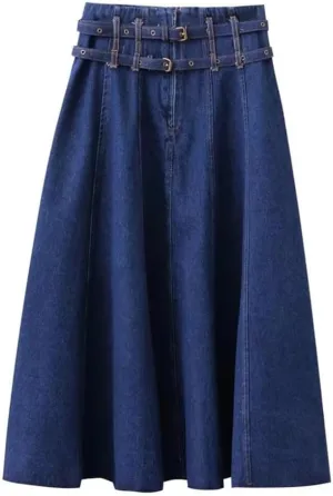 Mokkpeq Women's High Waisted Double Belt Back Zipper Denim Skirts Ankle-Length Navy Blue Jeans Skirts
