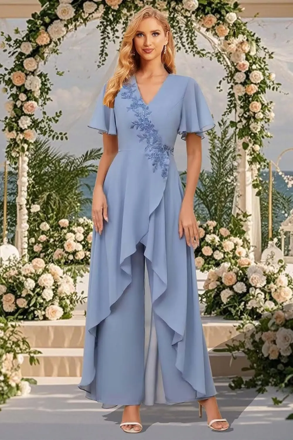 Mother of The Bride Pant Suits for Wedding 2Pcs Chiffon Lace Appliques Short Sleeve Pant Suits for Women Dressy