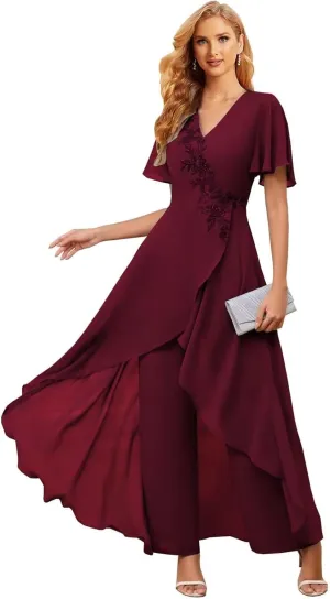 Mother of The Bride Pant Suits for Wedding 2Pcs Chiffon Lace Appliques Short Sleeve Pant Suits for Women Dressy