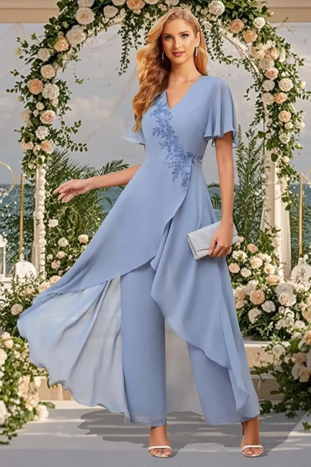 Mother of The Bride Pant Suits for Wedding 2Pcs Chiffon Lace Appliques Short Sleeve Pant Suits for Women Dressy
