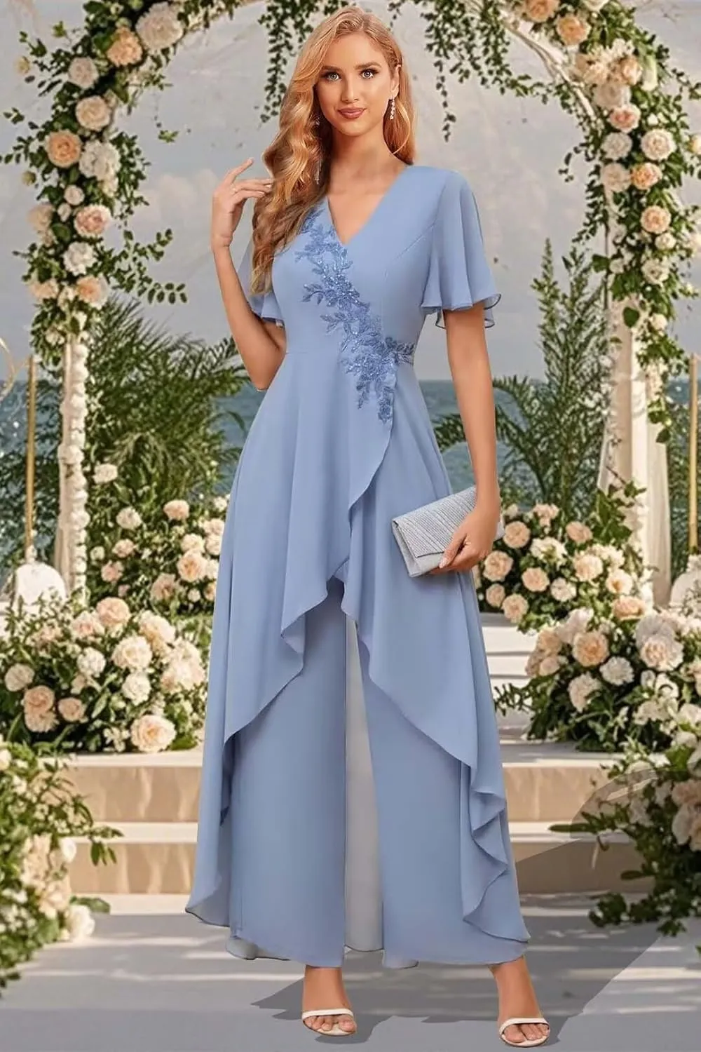 Mother of The Bride Pant Suits for Wedding 2Pcs Chiffon Lace Appliques Short Sleeve Pant Suits for Women Dressy