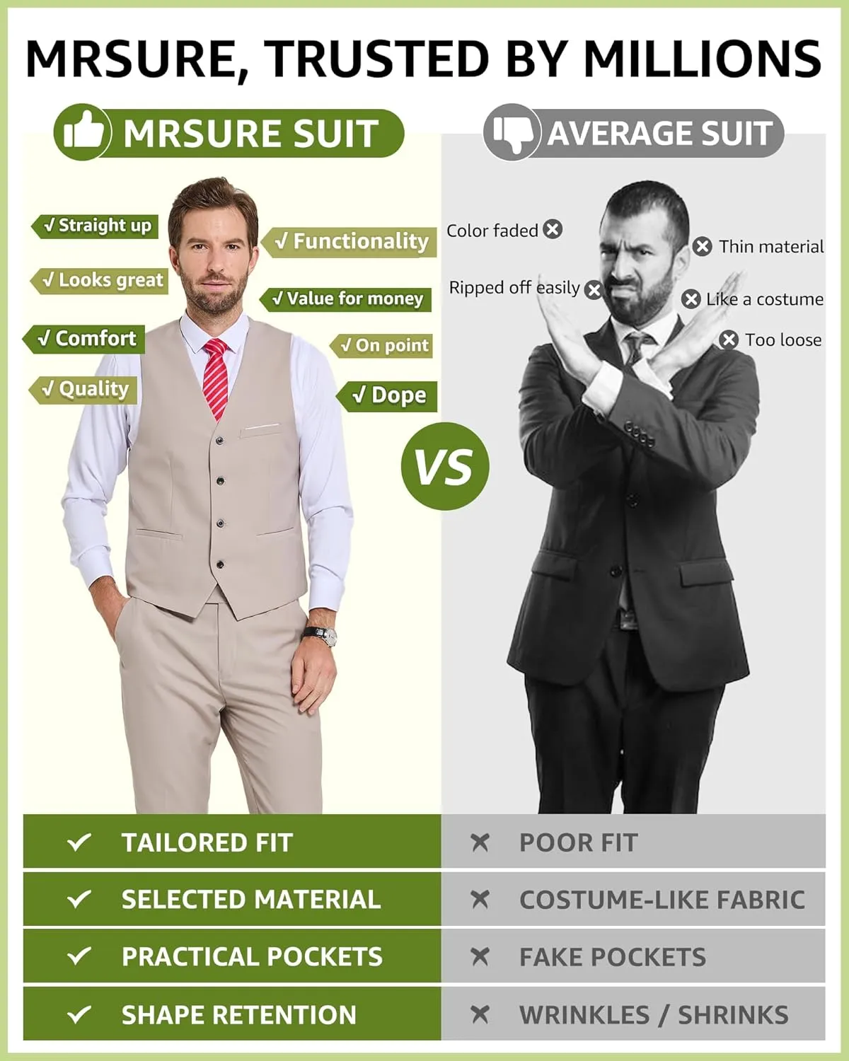 MrSure Men's 2-Piece Suit, Vest Pants Set for Men, Casual Waistcoat with Tie for Prom Wedding Homecoming