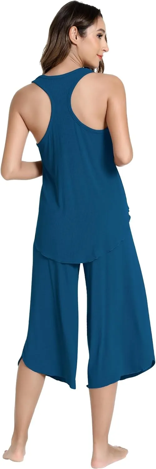 NACHILA Pajamas for Women-Viscose Made from Bamboo,Ribbed Pjs Racerback Tank Top and Capri Pants Sleeveless Pajama Sets