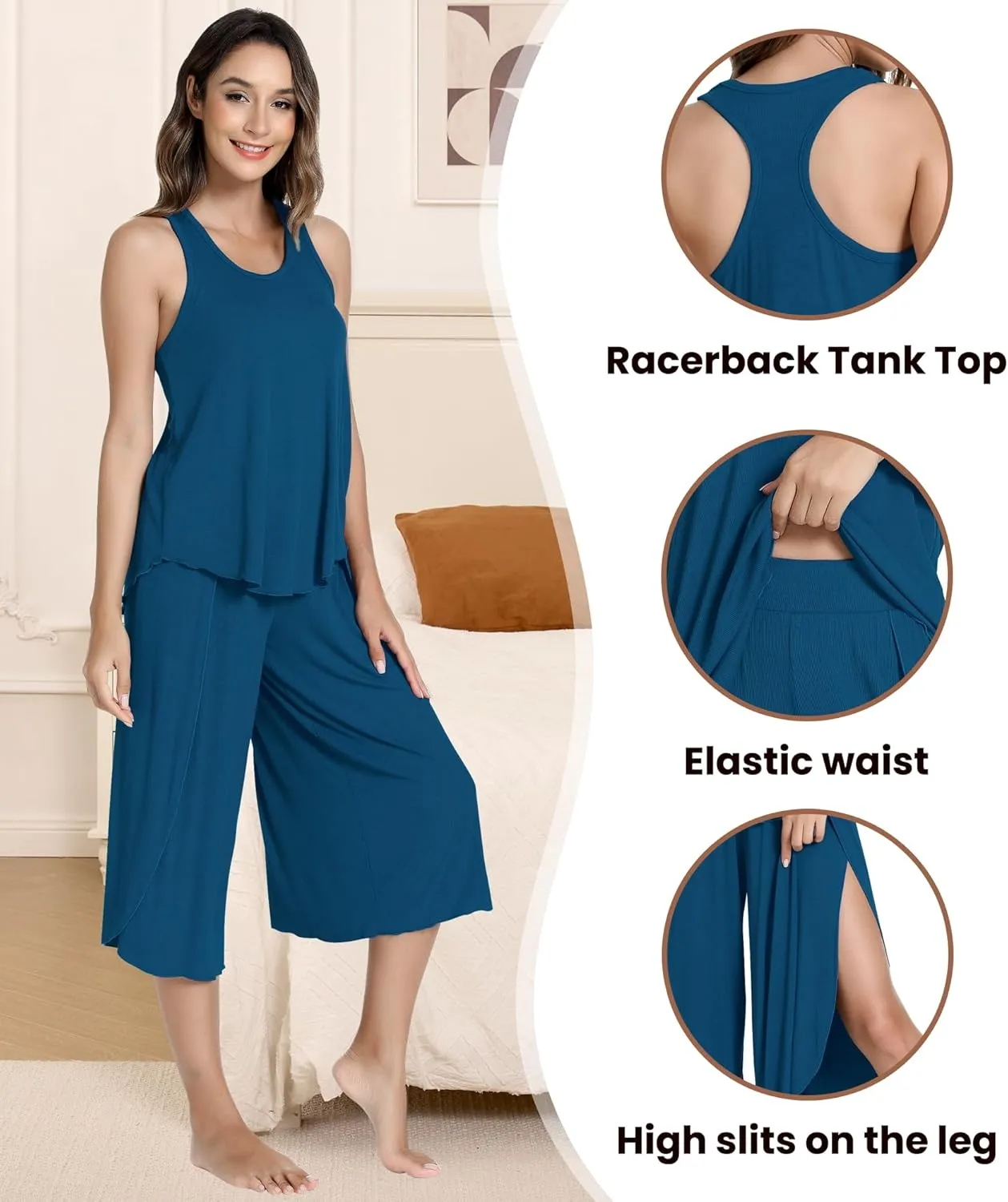 NACHILA Pajamas for Women-Viscose Made from Bamboo,Ribbed Pjs Racerback Tank Top and Capri Pants Sleeveless Pajama Sets