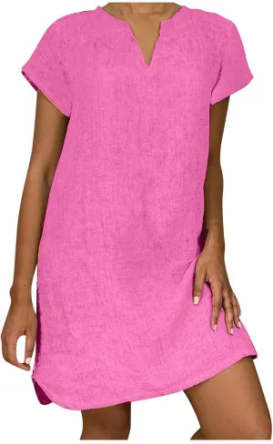 NaRHbrg Women's Linen Tunic Dresses V-Neck Baggy Midi Dress Beach Vacation Solid Plus Size T-Shirt Mini Shift Dress Sundress