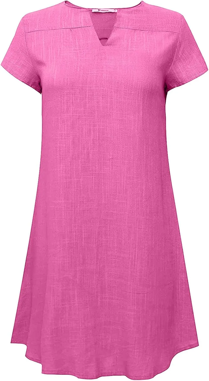 NaRHbrg Women's Linen Tunic Dresses V-Neck Baggy Midi Dress Beach Vacation Solid Plus Size T-Shirt Mini Shift Dress Sundress
