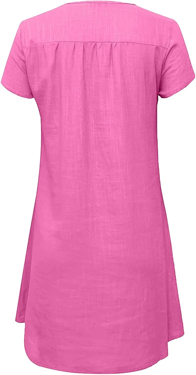NaRHbrg Women's Linen Tunic Dresses V-Neck Baggy Midi Dress Beach Vacation Solid Plus Size T-Shirt Mini Shift Dress Sundress