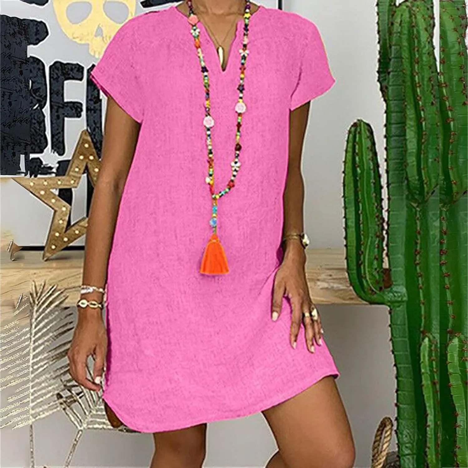 NaRHbrg Women's Linen Tunic Dresses V-Neck Baggy Midi Dress Beach Vacation Solid Plus Size T-Shirt Mini Shift Dress Sundress