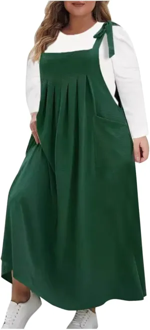 NaRHbrg Women's Plus Size Maxi Dress Loose Fit Sleeveless Casual Summer Pinafore Dresses with Pockets