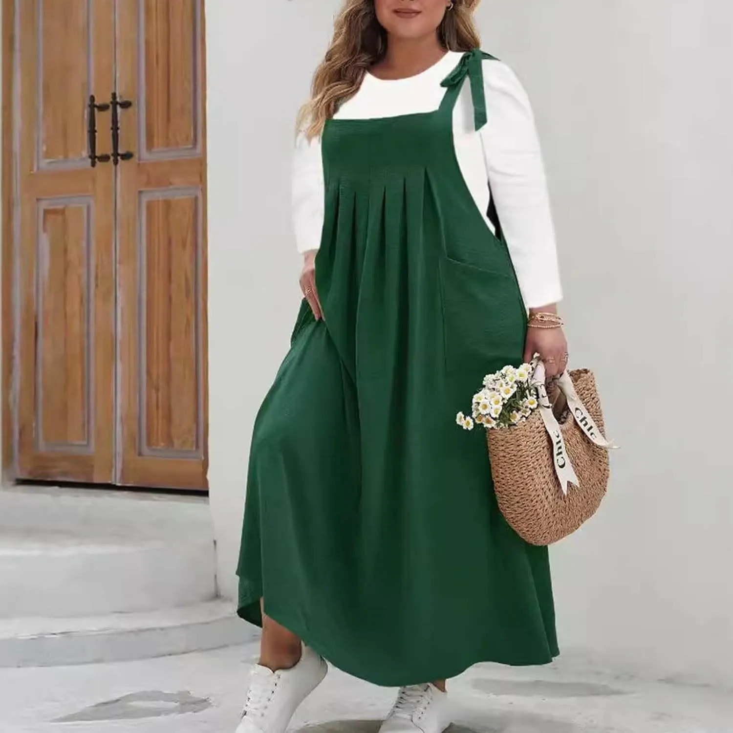 NaRHbrg Women's Plus Size Maxi Dress Loose Fit Sleeveless Casual Summer Pinafore Dresses with Pockets