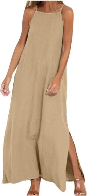 NaRHbrg Women's Sleeveless Maxi Dress Loose Fit Casual Beach Sundress Slit Hem Summer Long Dresses Sundress