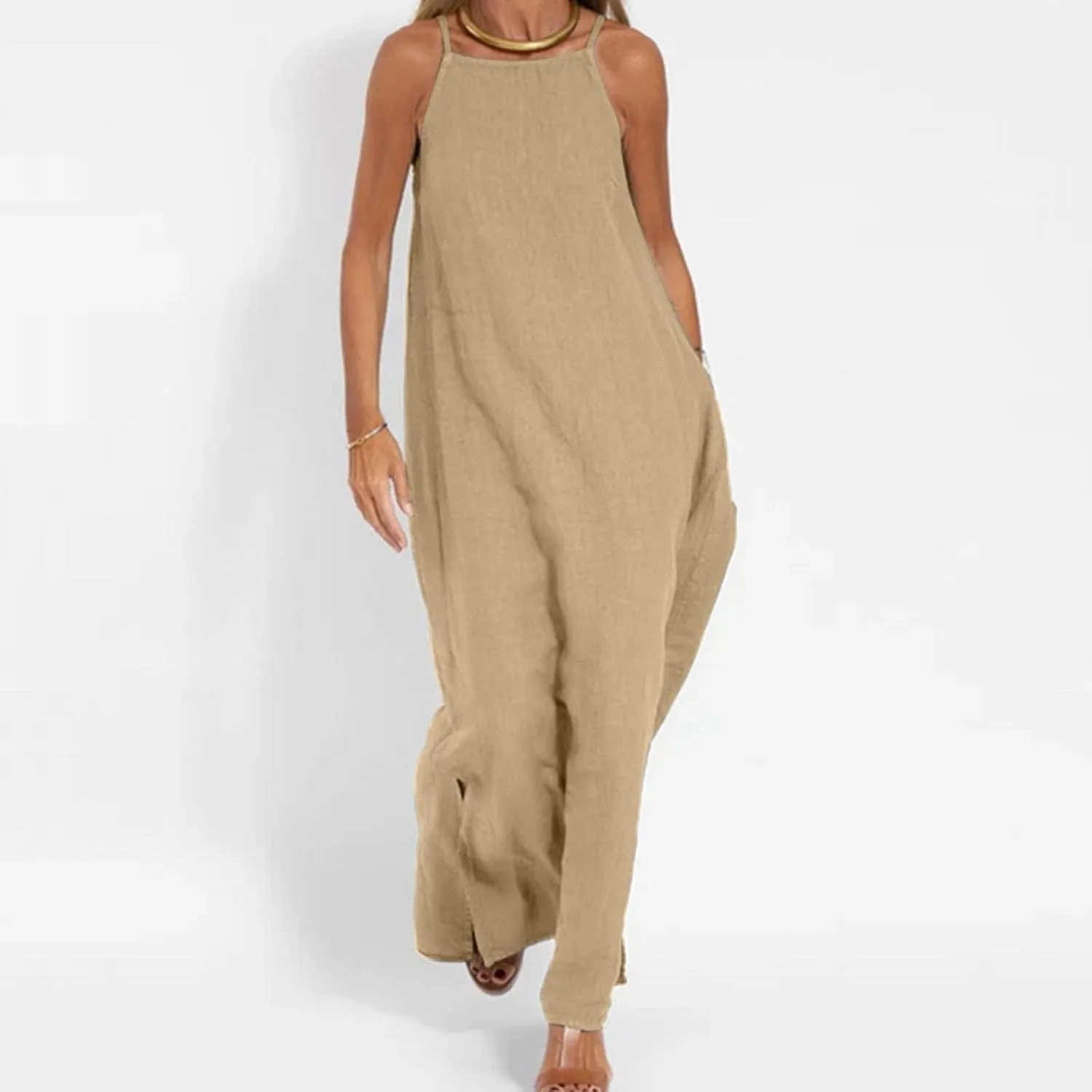 NaRHbrg Women's Sleeveless Maxi Dress Loose Fit Casual Beach Sundress Slit Hem Summer Long Dresses Sundress