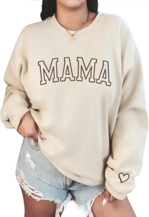 NAZENTI Embroidered Mama Sweatshirt, Mothers Day Sweatshirt Gifts for Mom Mama, Embroidered Crewneck Sweatshirt for Women