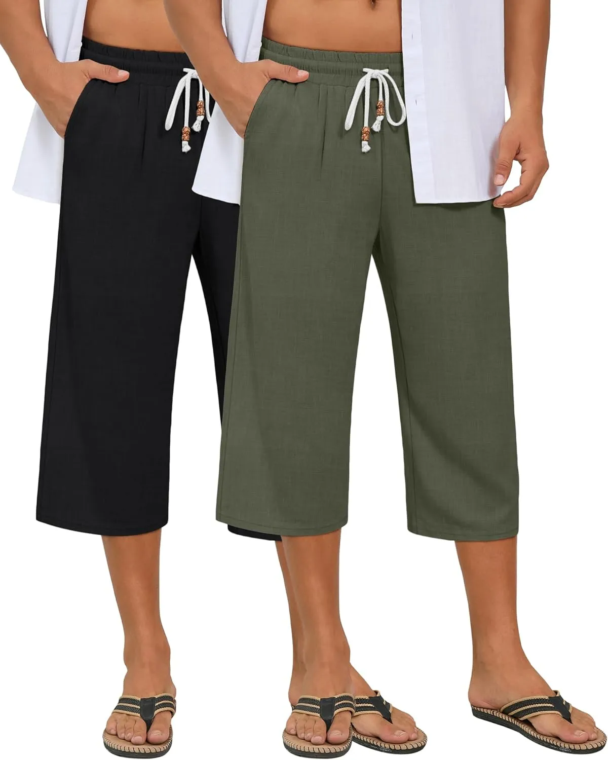 Neer 2 Pack Men's Linen Capri Pants, Lightweight Baggy 3/4 Shorts Drawstring Elastic Waist Beach Yoga Pants with Pockets
