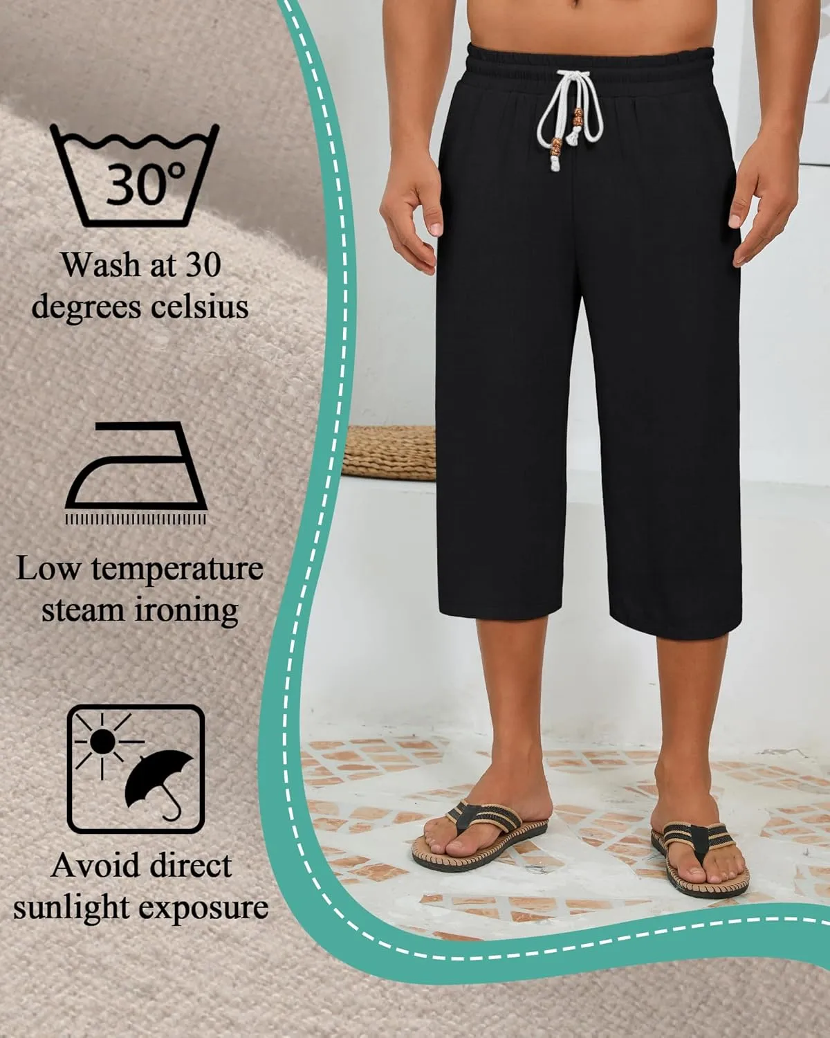 Neer 2 Pack Men's Linen Capri Pants, Lightweight Baggy 3/4 Shorts Drawstring Elastic Waist Beach Yoga Pants with Pockets