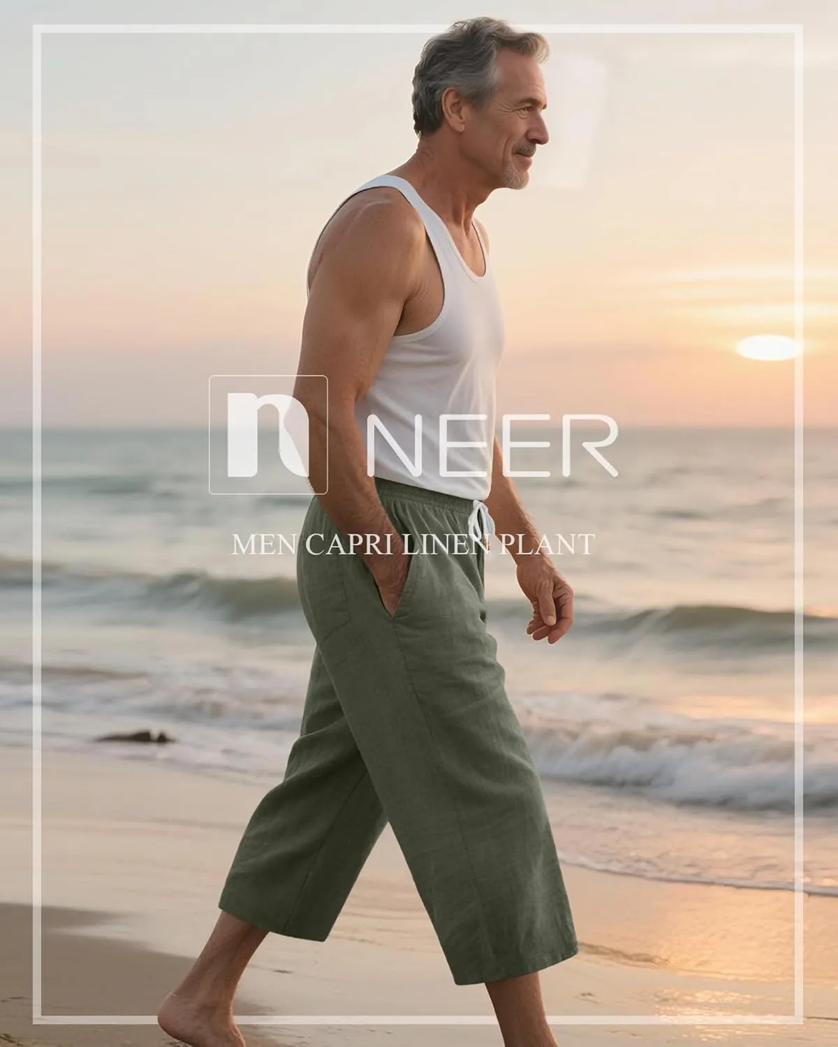 Neer 2 Pack Men's Linen Capri Pants, Lightweight Baggy 3/4 Shorts Drawstring Elastic Waist Beach Yoga Pants with Pockets