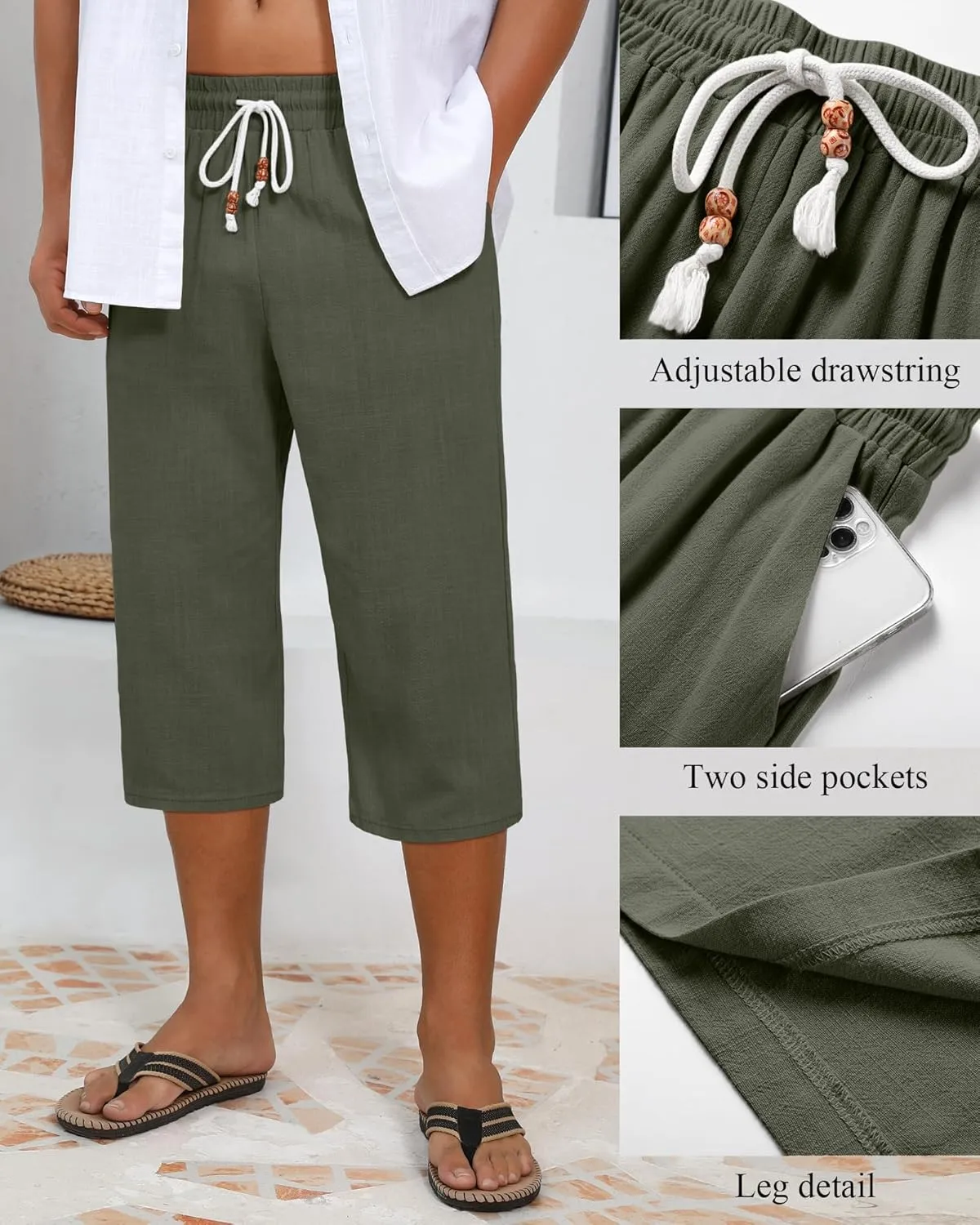 Neer 2 Pack Men's Linen Capri Pants, Lightweight Baggy 3/4 Shorts Drawstring Elastic Waist Beach Yoga Pants with Pockets
