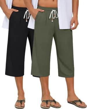 Neer 2 Pack Men's Linen Capri Pants, Lightweight Baggy 3/4 Shorts Drawstring Elastic Waist Beach Yoga Pants with Pockets