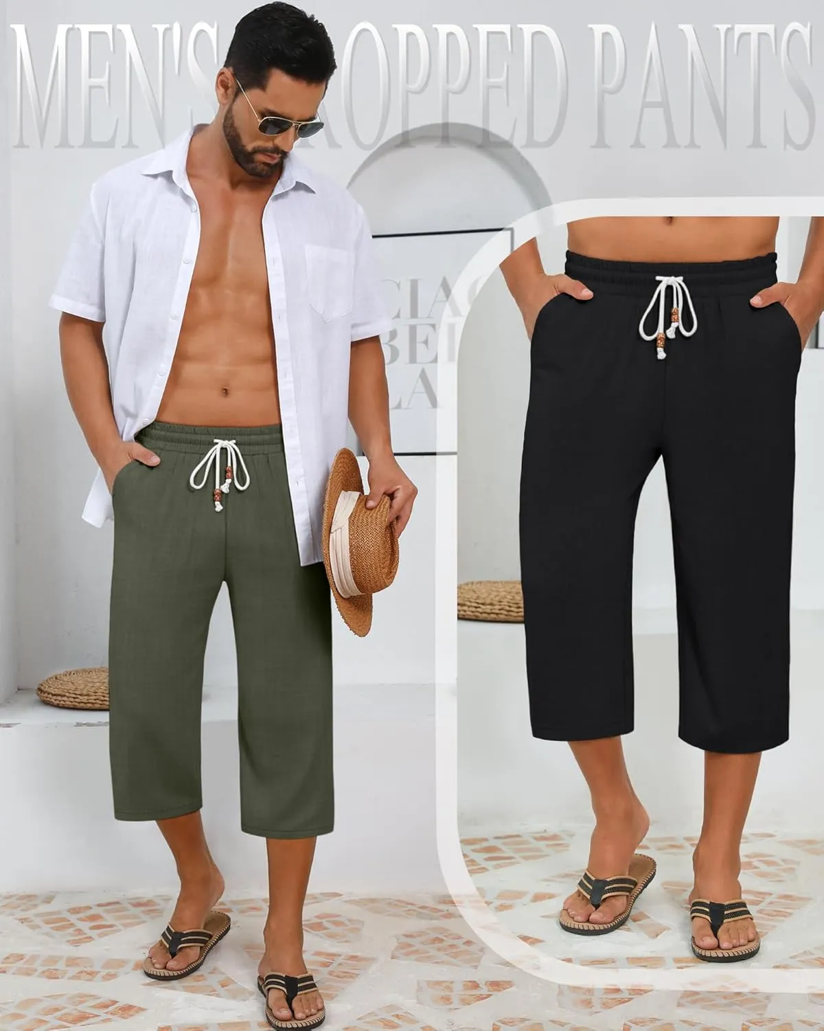 Neer 2 Pack Men's Linen Capri Pants, Lightweight Baggy 3/4 Shorts Drawstring Elastic Waist Beach Yoga Pants with Pockets