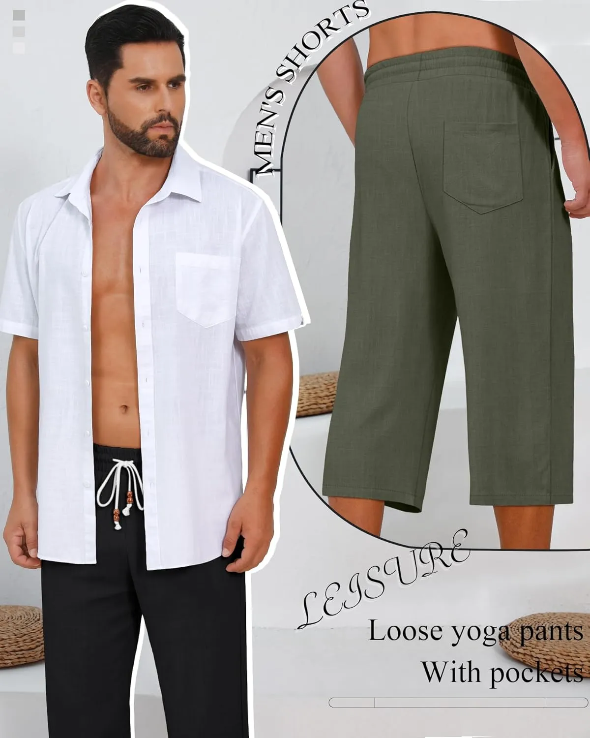 Neer 2 Pack Men's Linen Capri Pants, Lightweight Baggy 3/4 Shorts Drawstring Elastic Waist Beach Yoga Pants with Pockets