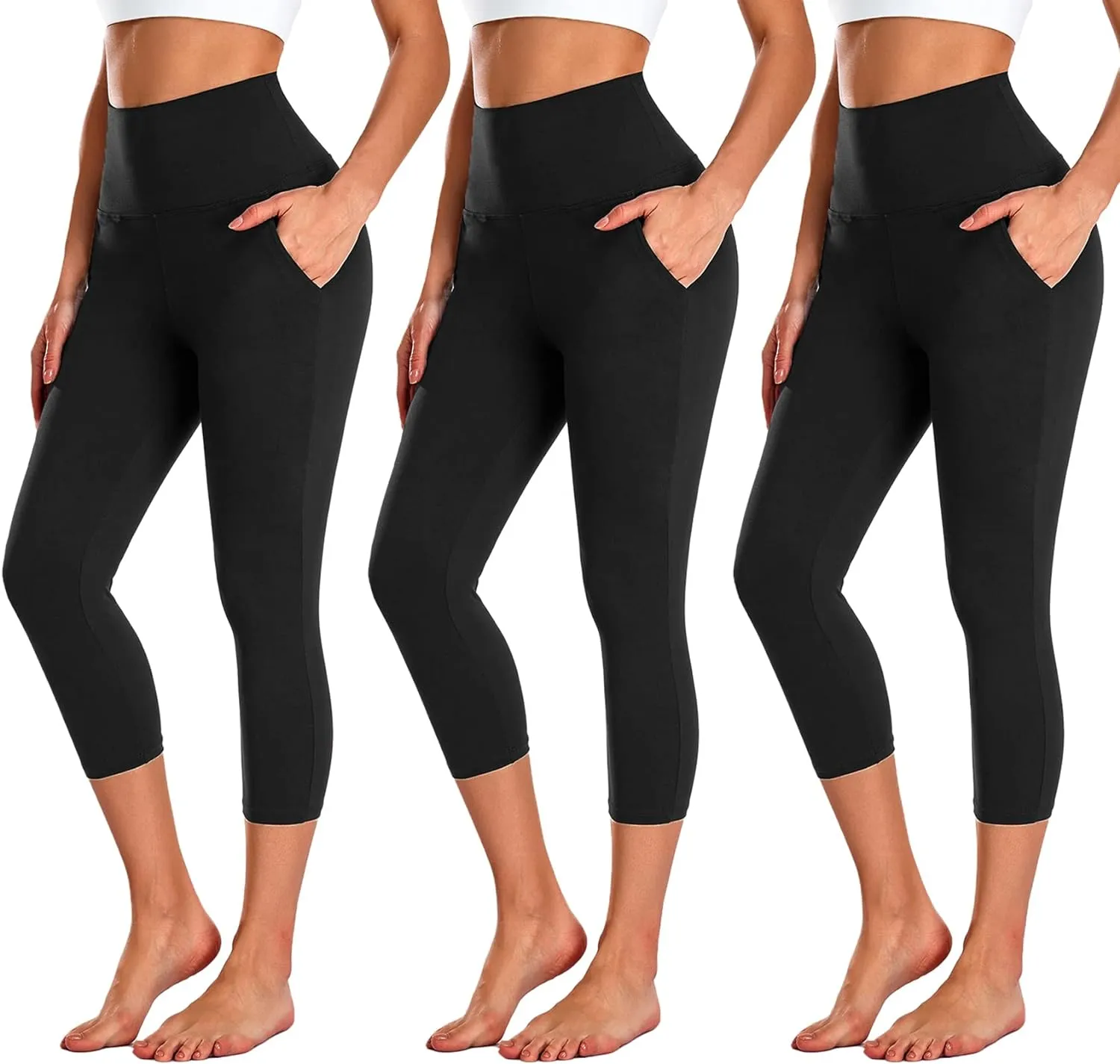 NEW YOUNG 3 Pack Capri Leggings for Women with Pockets-High Waisted Tummy Control Workout Gym Yoga Pants