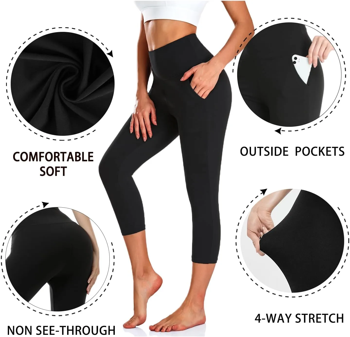 NEW YOUNG 3 Pack Capri Leggings for Women with Pockets-High Waisted Tummy Control Workout Gym Yoga Pants