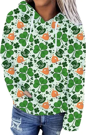 OMZIN Women's St. Patrick's Day Hooded Sweatshirt Long Sleeve Shamrock Sweatshirt