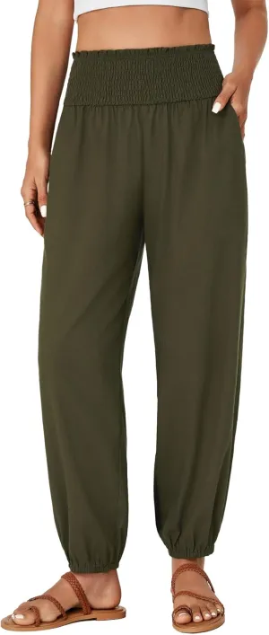 OPOIPIN Women's Smocked High Waist Harem Pants Tapered Legs Long Trousers with Pockets
