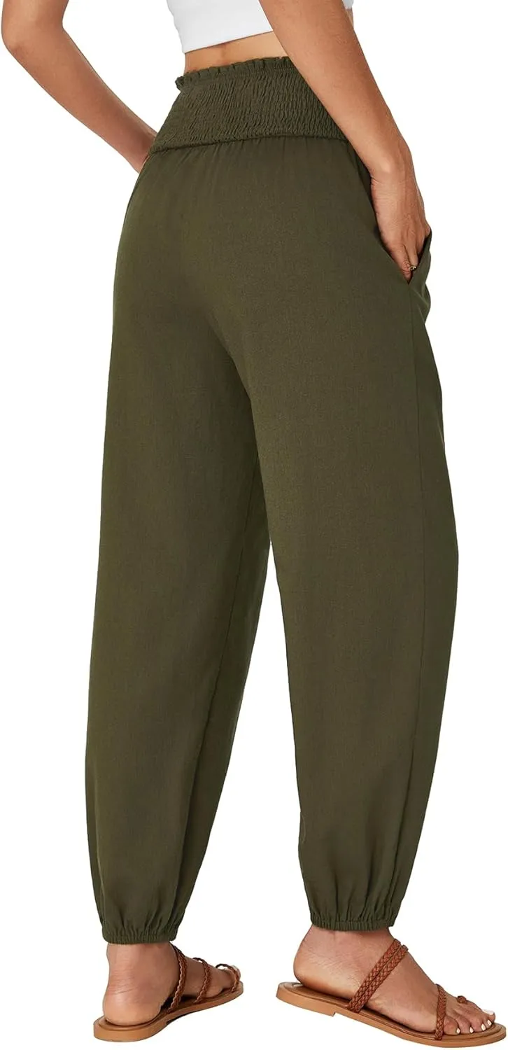 OPOIPIN Women's Smocked High Waist Harem Pants Tapered Legs Long Trousers with Pockets