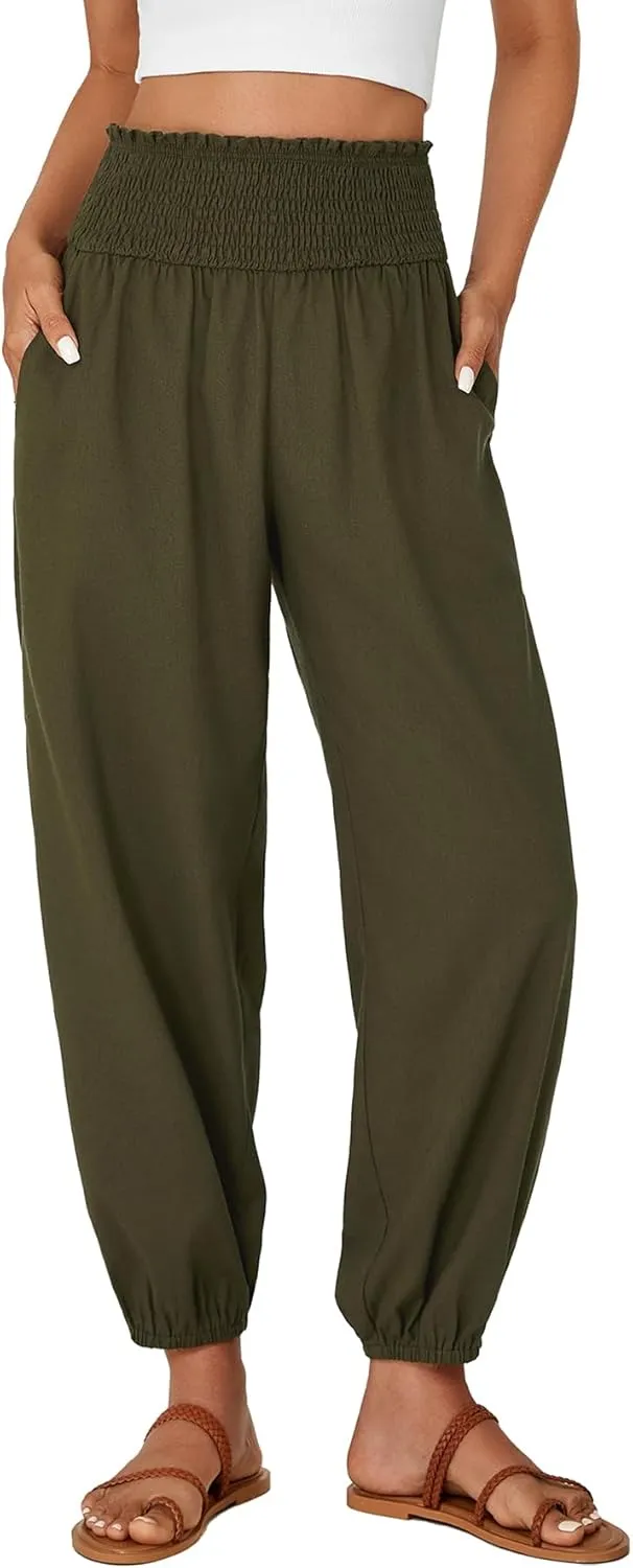 OPOIPIN Women's Smocked High Waist Harem Pants Tapered Legs Long Trousers with Pockets