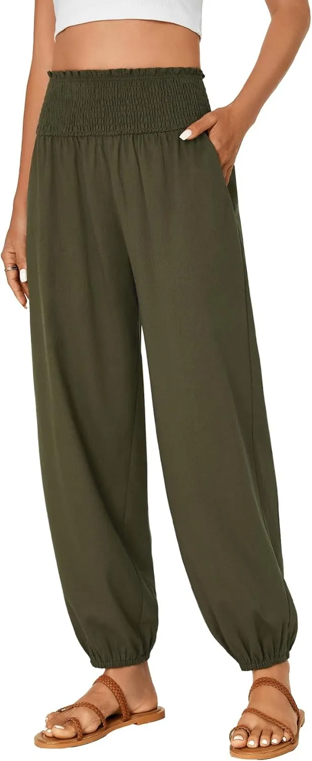 OPOIPIN Women's Smocked High Waist Harem Pants Tapered Legs Long Trousers with Pockets