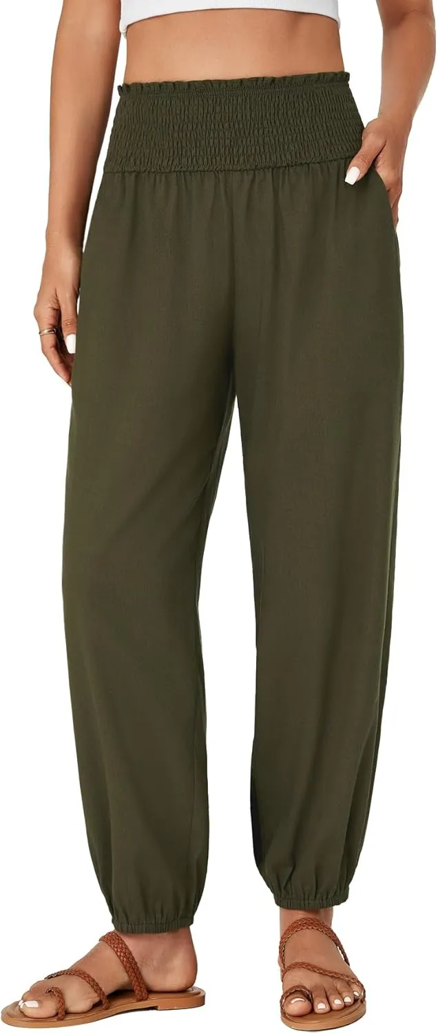 OPOIPIN Women's Smocked High Waist Harem Pants Tapered Legs Long Trousers with Pockets