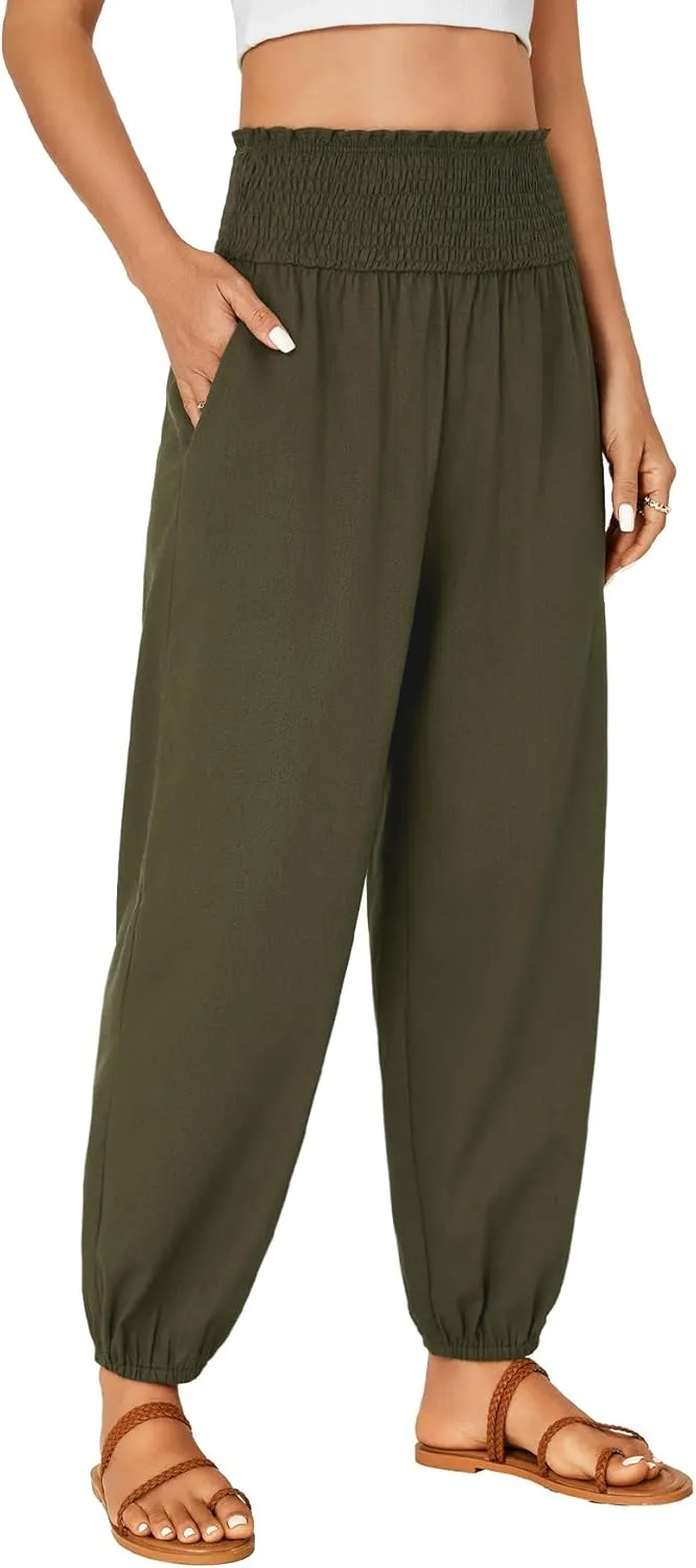 OPOIPIN Women's Smocked High Waist Harem Pants Tapered Legs Long Trousers with Pockets