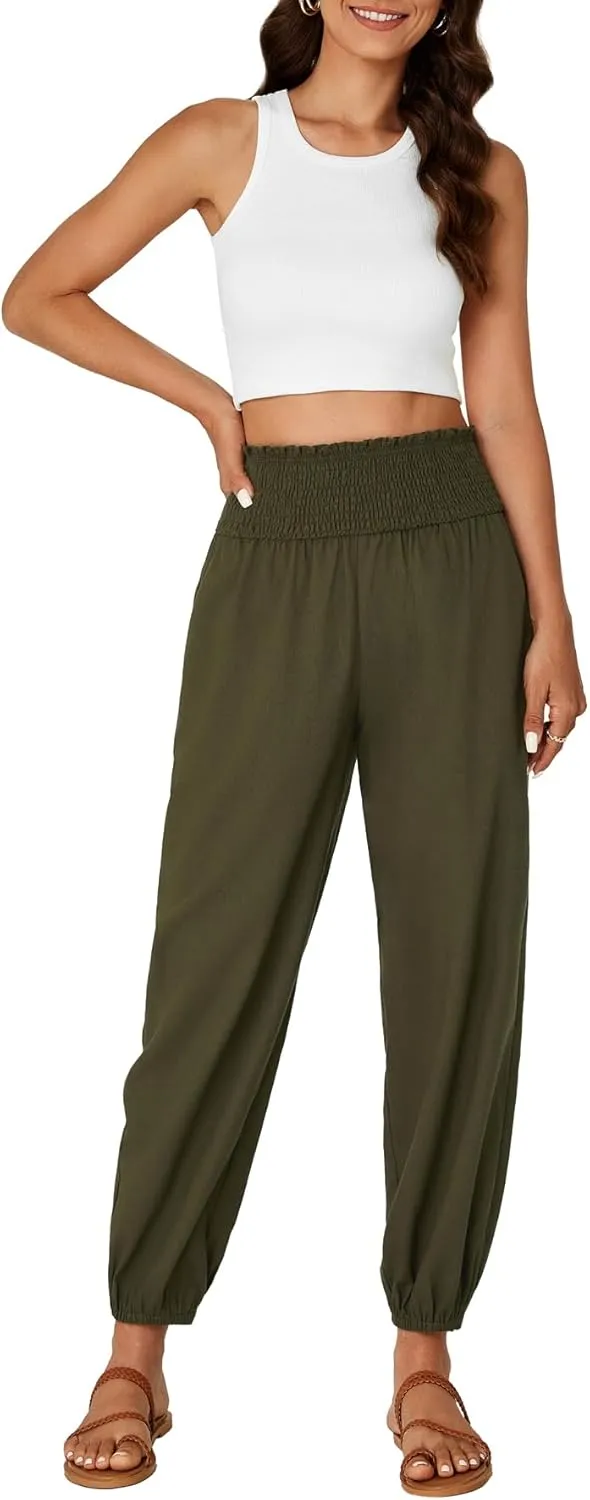 OPOIPIN Women's Smocked High Waist Harem Pants Tapered Legs Long Trousers with Pockets