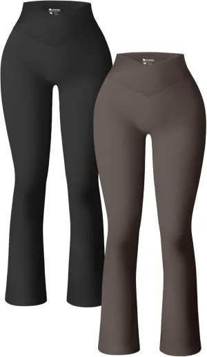 OQQ Women's 2 Piece Yoga Pants Ribbed Seamless Workout High Waist Cross Over Bell Bottoms Exercise Flare Leggings